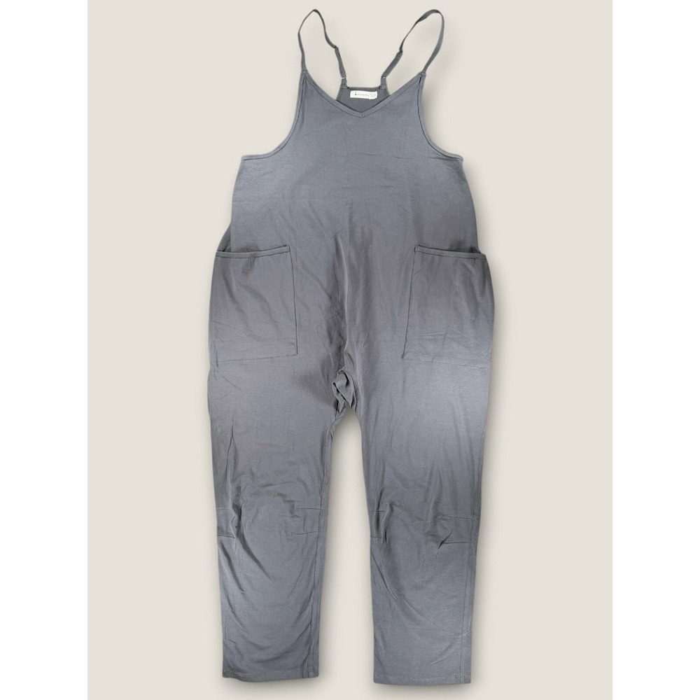 OUFEIYA Gray V-Neck Harem Jumpsuit Overalls Pockets Size L Large Yoga Boho